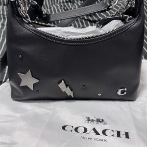 Coach Black Leather Shoulder Bag with Silver Stud Accents